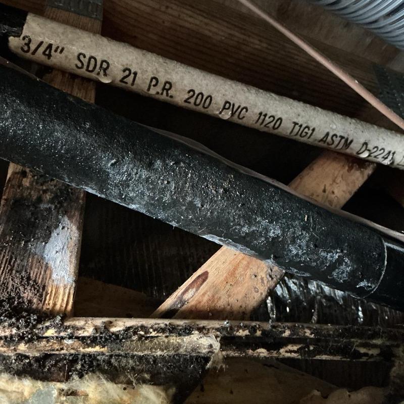 3/4" PVC AC line with attic condensation and wet insulation 3/4" PVC AC line with attic condensation and wet insulation
