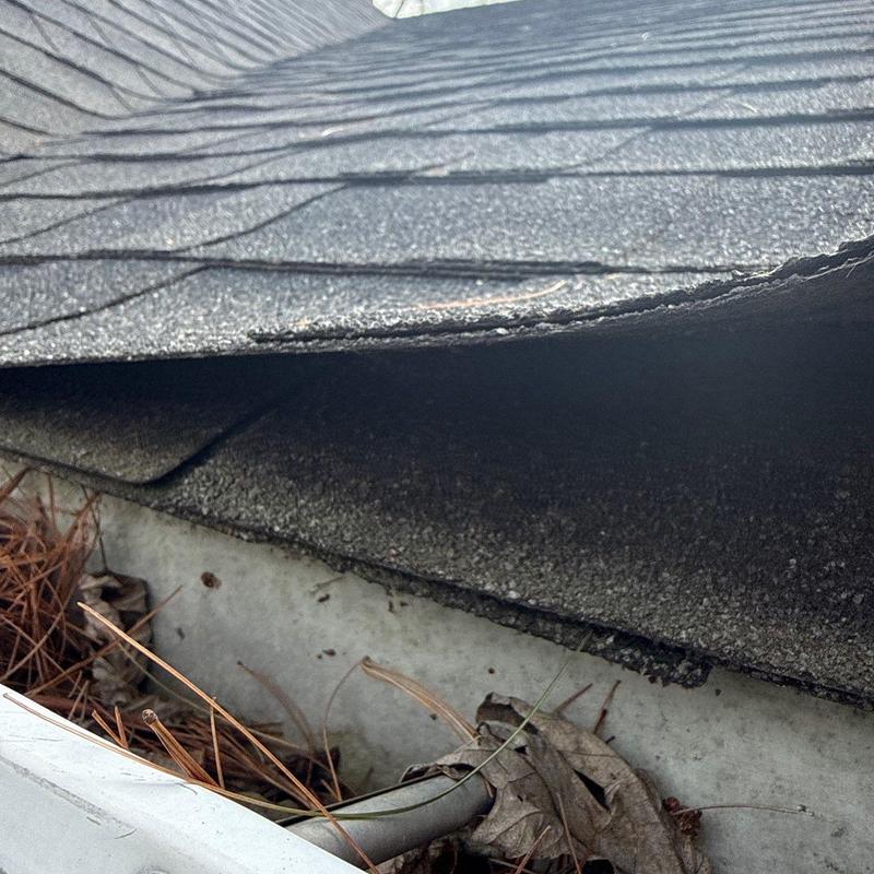 Asphalt roof shingles with curling and damage near gutter
