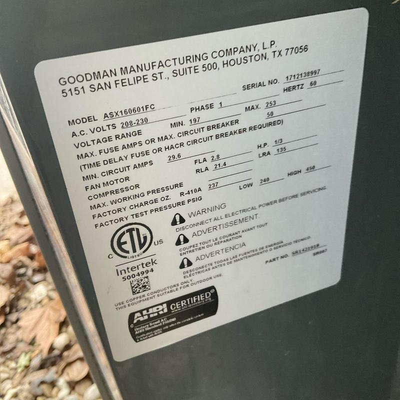 Goodman outdoor condenser unit label with specs Goodman outdoor condenser unit label with specs