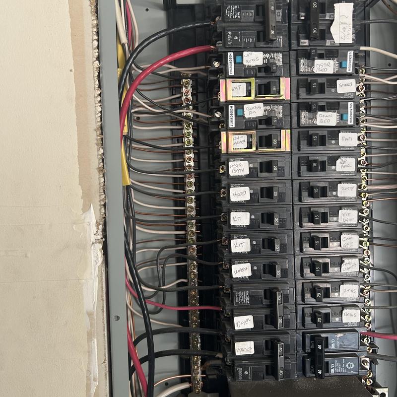 Electrical breaker panel with labeled circuits and wiring Electrical breaker panel with labeled circuits and wiring