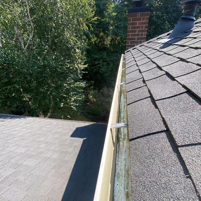 Roof gutter with debris buildup on residential home