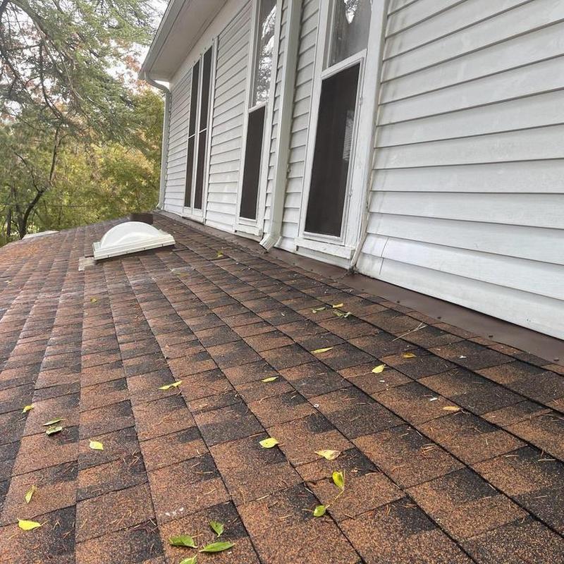 Asphalt shingle roof with skylight and vinyl siding exterior