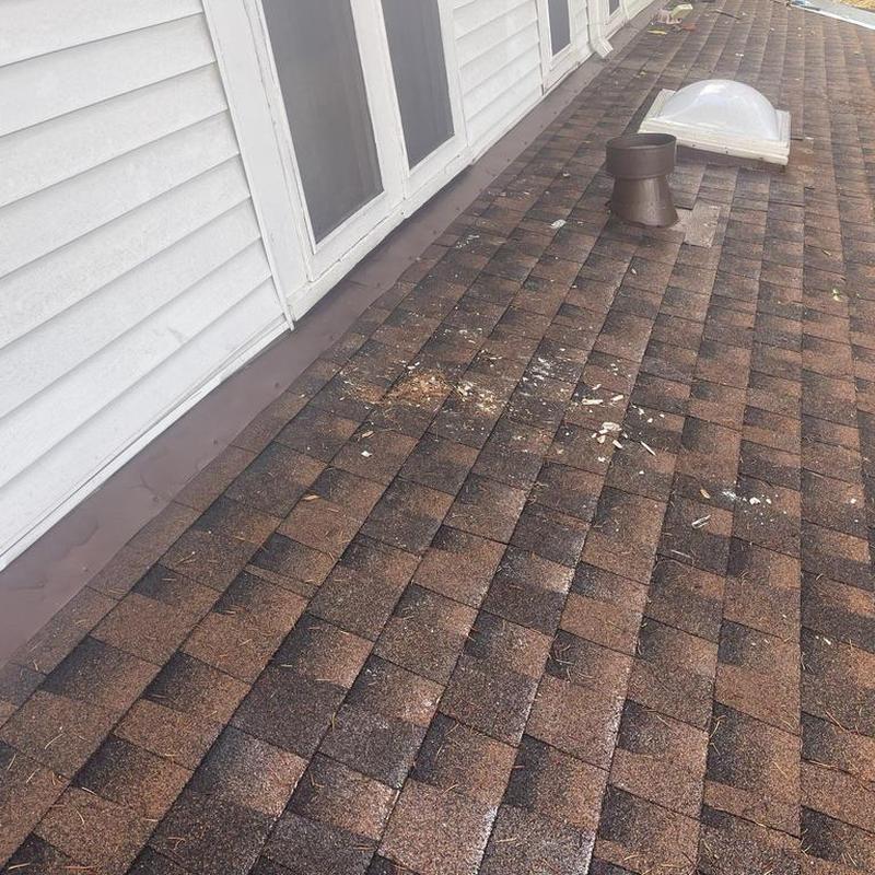 Asphalt shingle roof with vent and skylight nearby