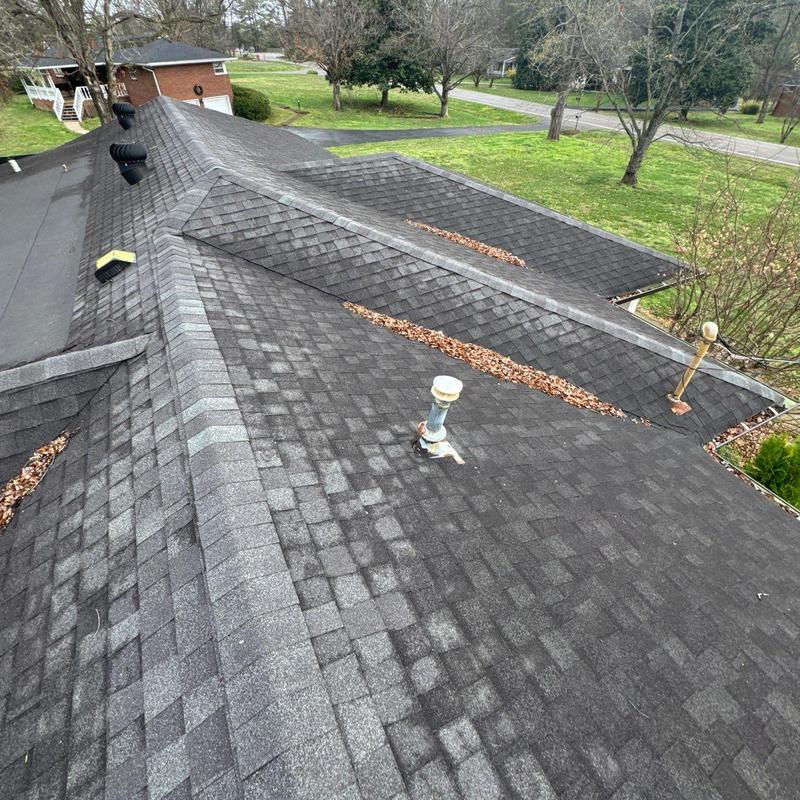 Asphalt shingle roof with vent pipes and leaf debris