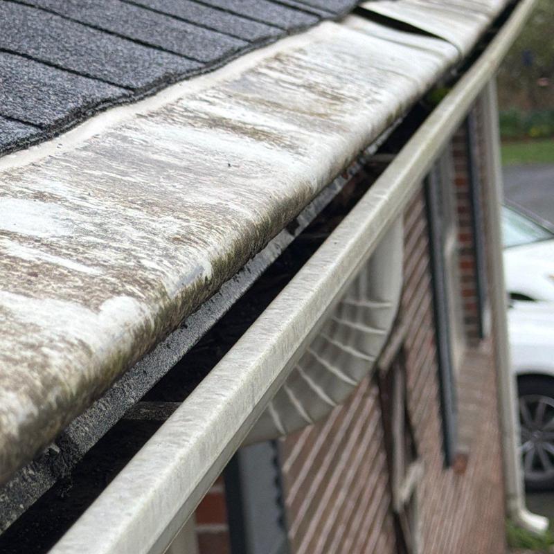 Gutter system with debris buildup on roof edge