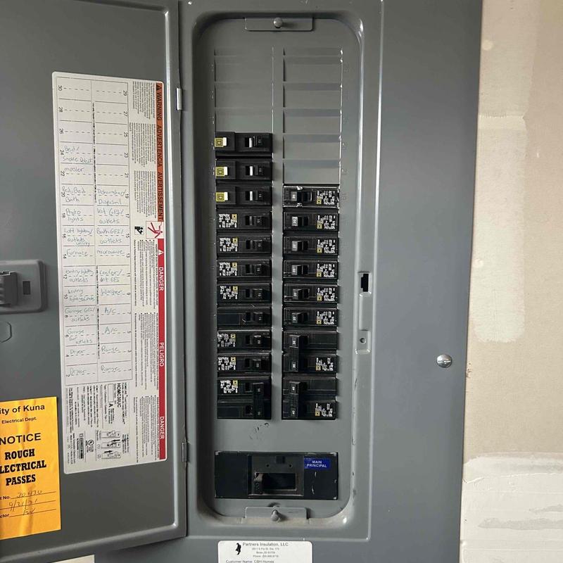 Electrical panel with multiple breakers and labels Electrical panel with multiple breakers and labels