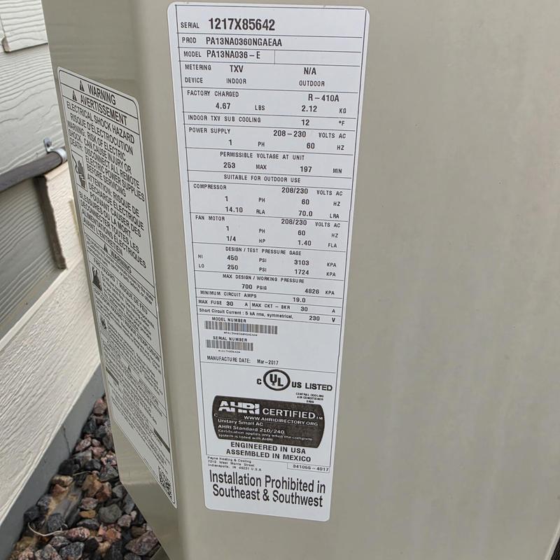 Payne air conditioner model PA13NA036-E label details Payne air conditioner model PA13NA036-E label details