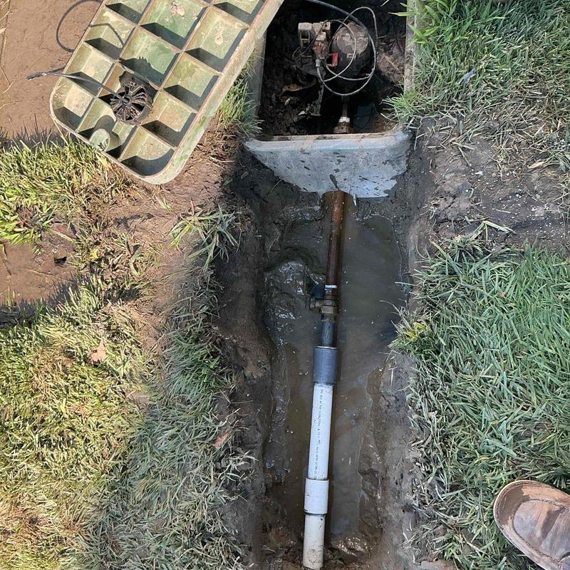 PVC union pipe leak at water meter box excavation