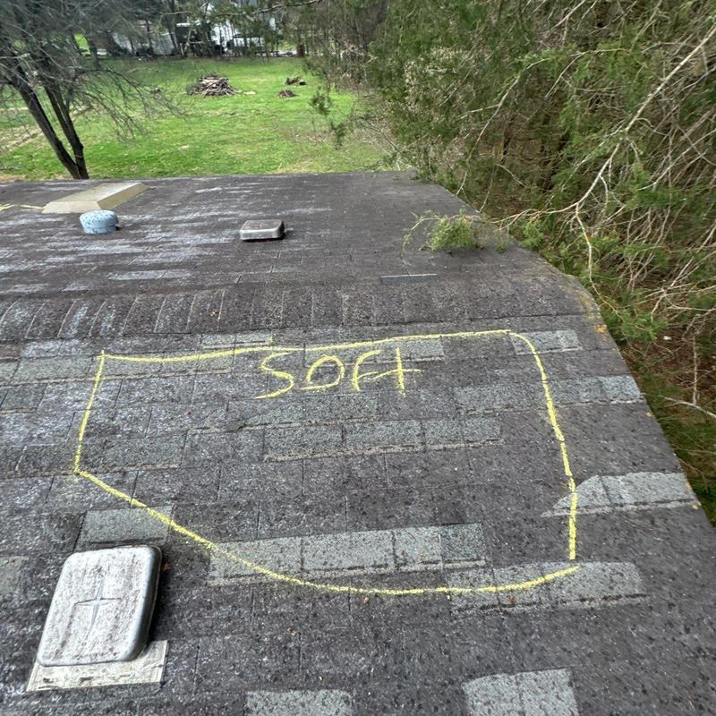 Roof shingles marked with hail damage and soft spot