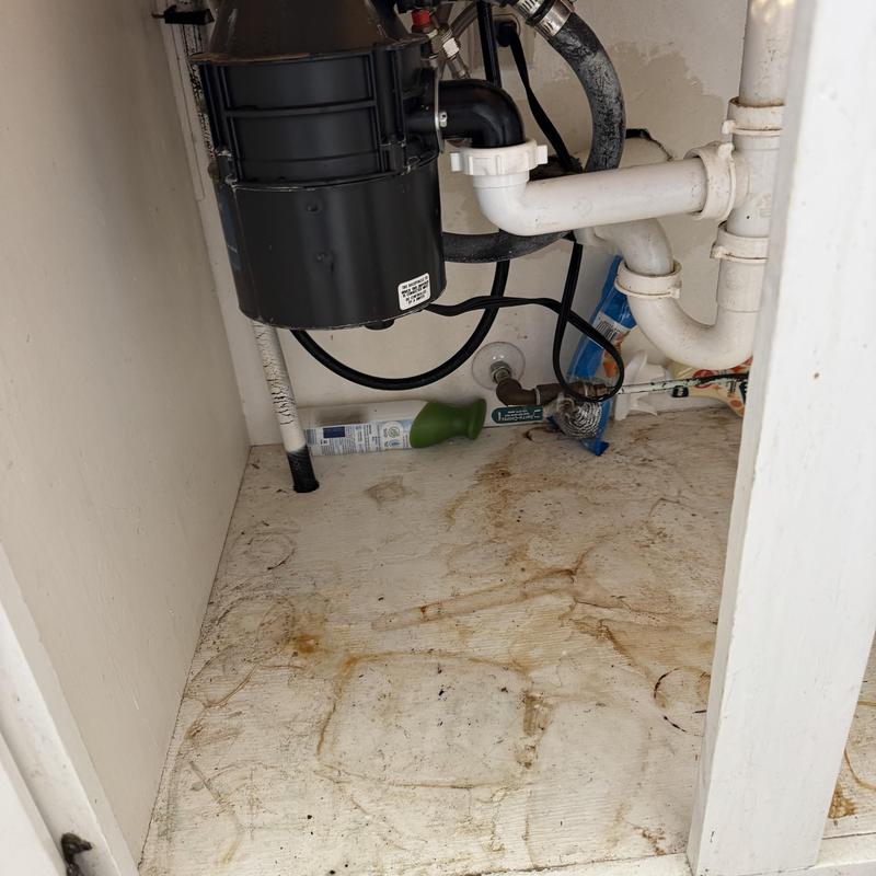 Garbage disposal leak inspection under kitchen sink