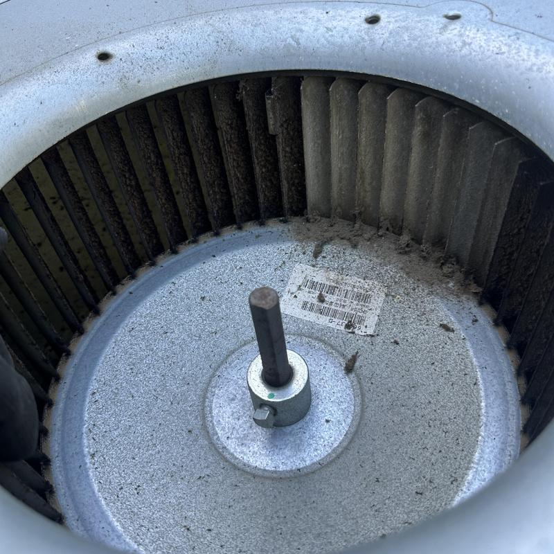 Air handler blower wheel with dust buildup inside unit
