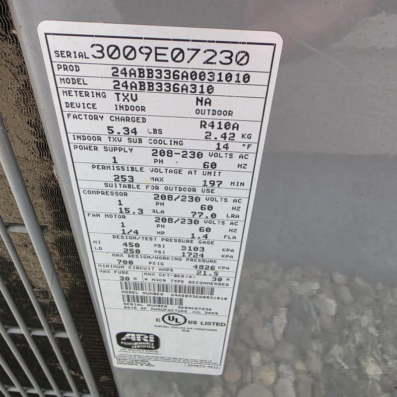 Carrier air conditioner model 24ABB336A310 label Carrier air conditioner model 24ABB336A310 label
