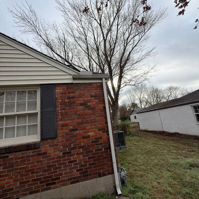 Brick wall exterior with window and gutter downspout