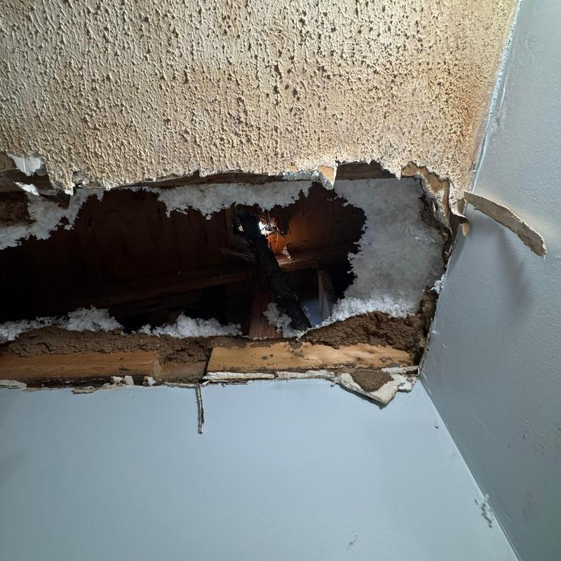 Ceiling drywall with large hole and insulation exposed
