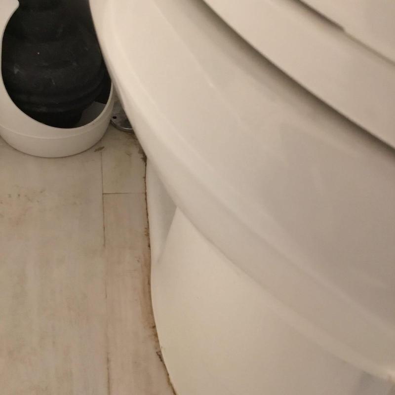 Bathroom toilet base with overspray on floor and seat