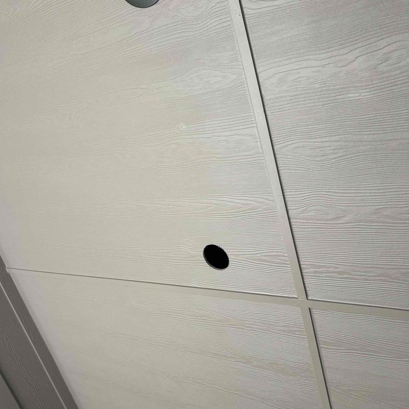 Ceiling fan remodel box cut in ceiling panel