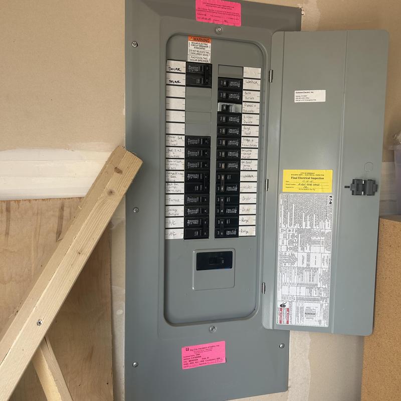 Electrical panel with circuit breakers installed in garage Electrical panel with circuit breakers installed in garage