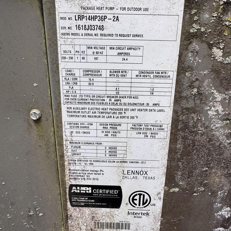 Heat pump package unit label with electrical specs