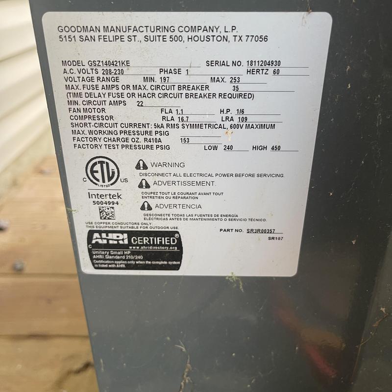 Condenser unit nameplate label with specs and warnings