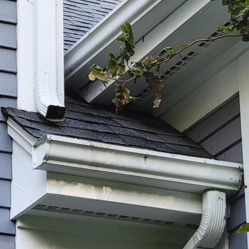Gutter system and shingle roof edge near downspout Gutter system and shingle roof edge near downspout