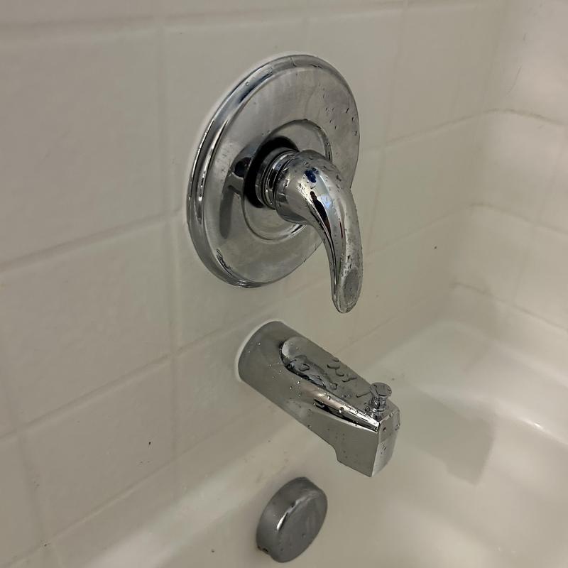 Tub spout and shower valve with water droplets Tub spout and shower valve with water droplets