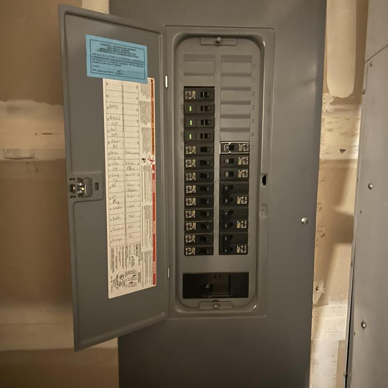 Electrical breaker panel with circuit breakers open Electrical breaker panel with circuit breakers open