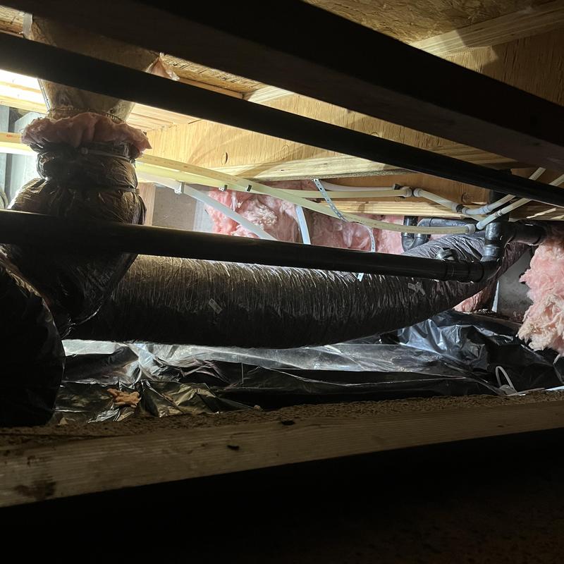 Flex supply ducting with new insulation below floor beams Flex supply ducting with new insulation below floor beams