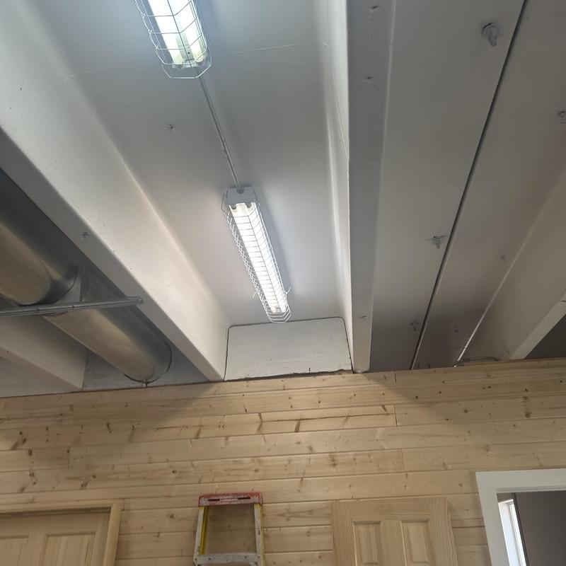 Fluorescent light fixtures with protective cages installed Fluorescent light fixtures with protective cages installed