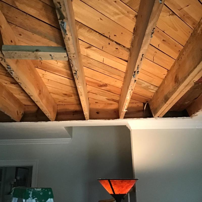 Ceiling joists exposed for leak inspection Ceiling joists exposed for leak inspection
