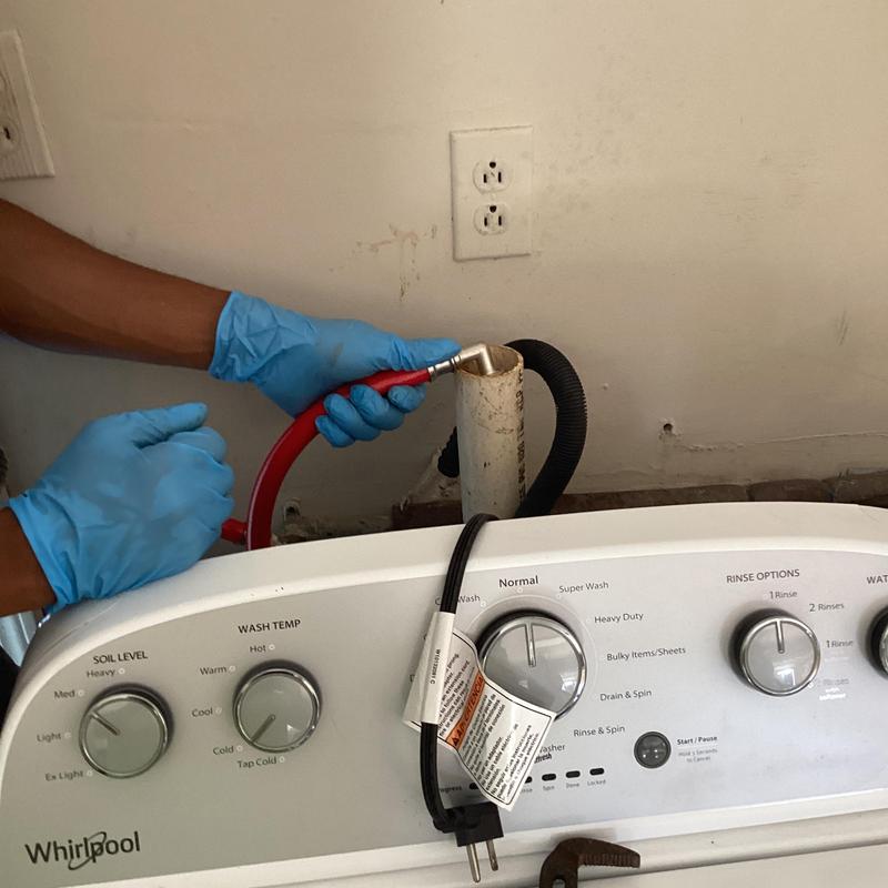 Washing machine drain pipe auguring with hose flushing