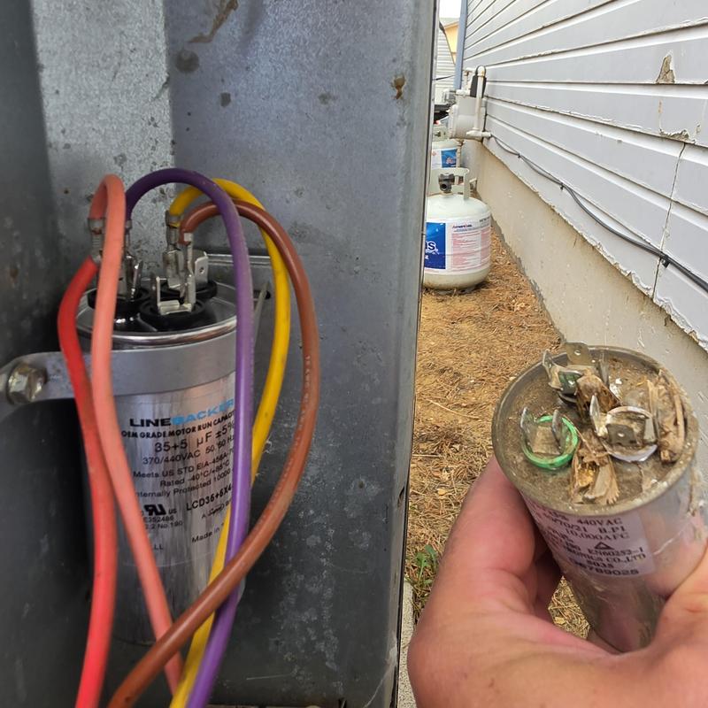 Goodman AC capacitor new and damaged comparison