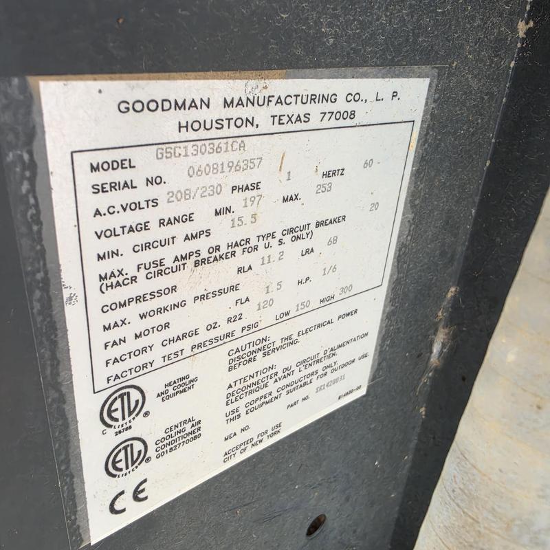 Goodman GSC130361VA air conditioner label close-up
