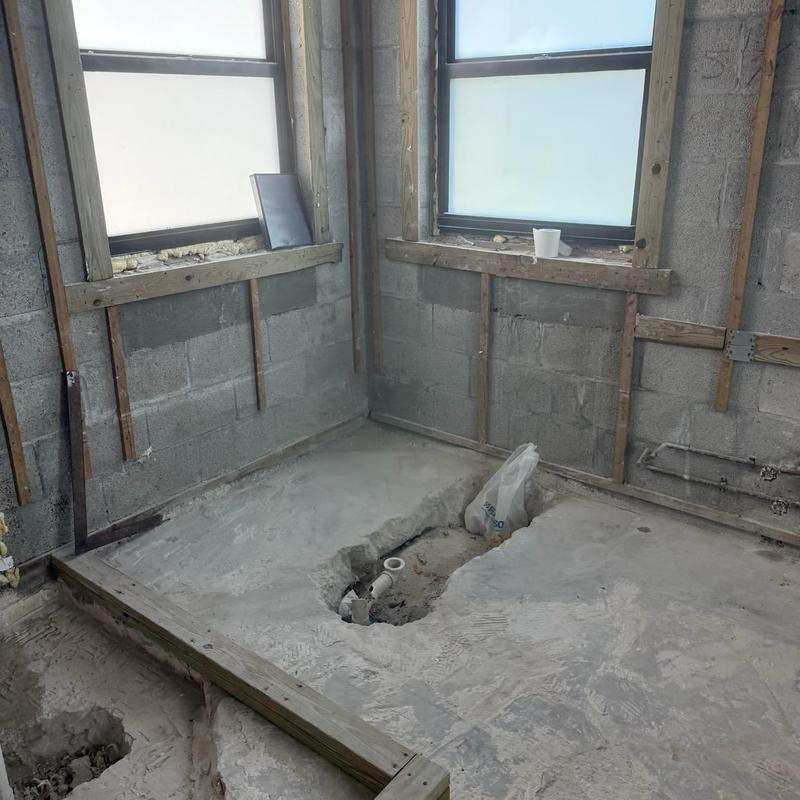 Shower drain rough-in with plumbing in master bath