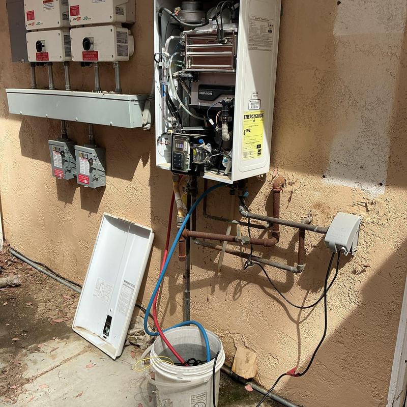 Tankless water heater with flush hoses and bucket