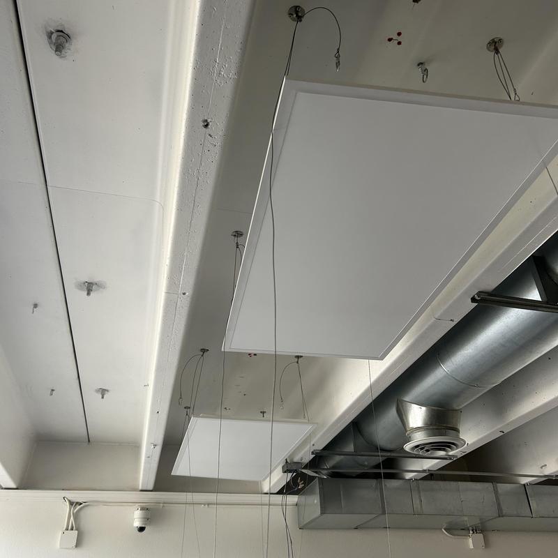 Commercial light fixtures hanging for replacement in ceiling Commercial light fixtures hanging for replacement in ceiling