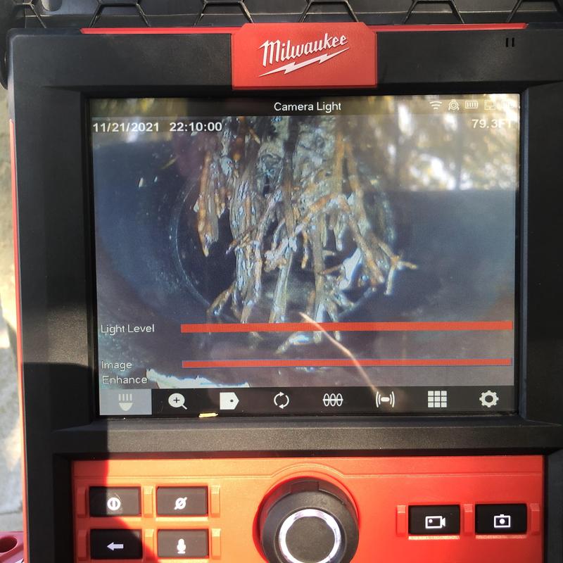Sewer pipe inspection with root intrusion camera view