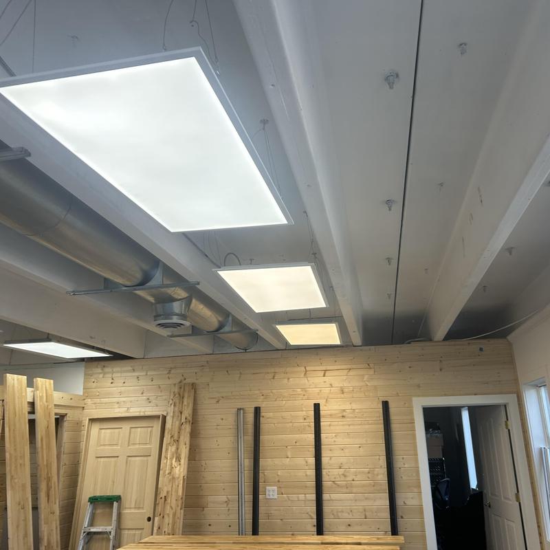 Commercial LED light panel fixtures installed in ceiling Commercial LED light panel fixtures installed in ceiling