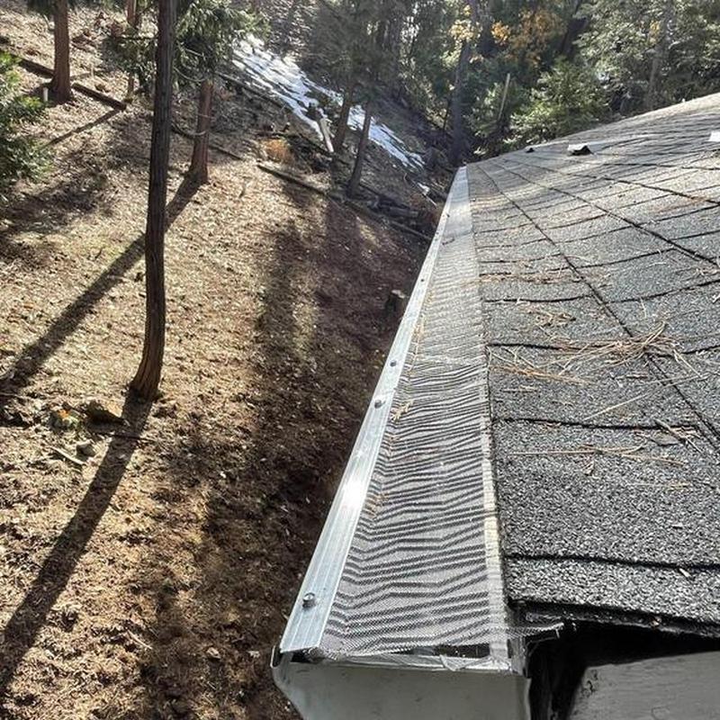 Steel seamless gutter with leaf guard on cabin roof