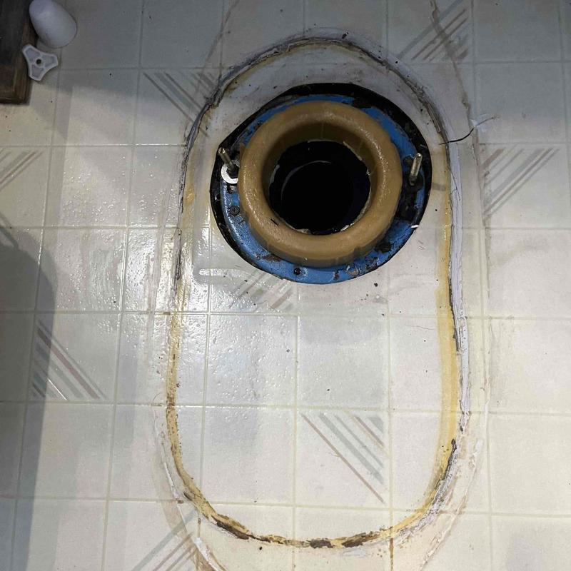 Toilet flange and wax seal on bathroom floor