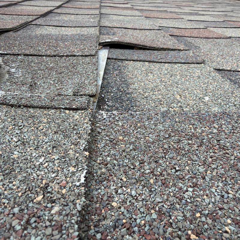 Asphalt roof shingles with lifted and damaged sections