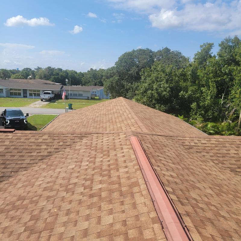 Asphalt shingle roof with ridge cap and flashing inspection Asphalt shingle roof with ridge cap and flashing inspection
