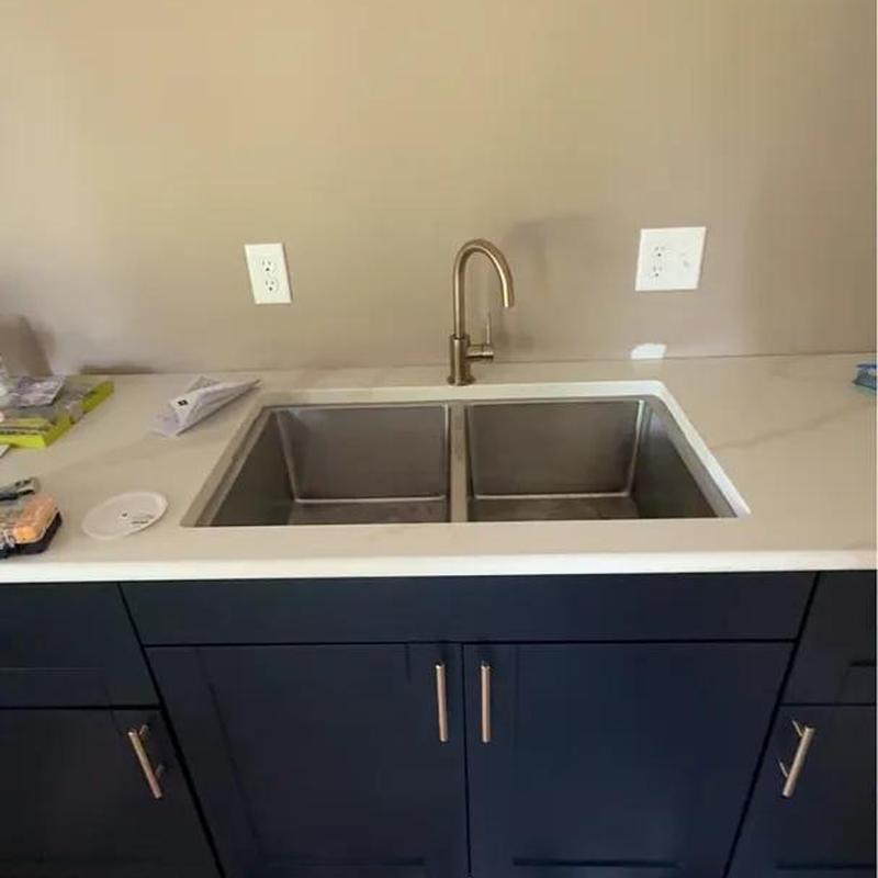 Double basin stainless steel sink with brushed faucet