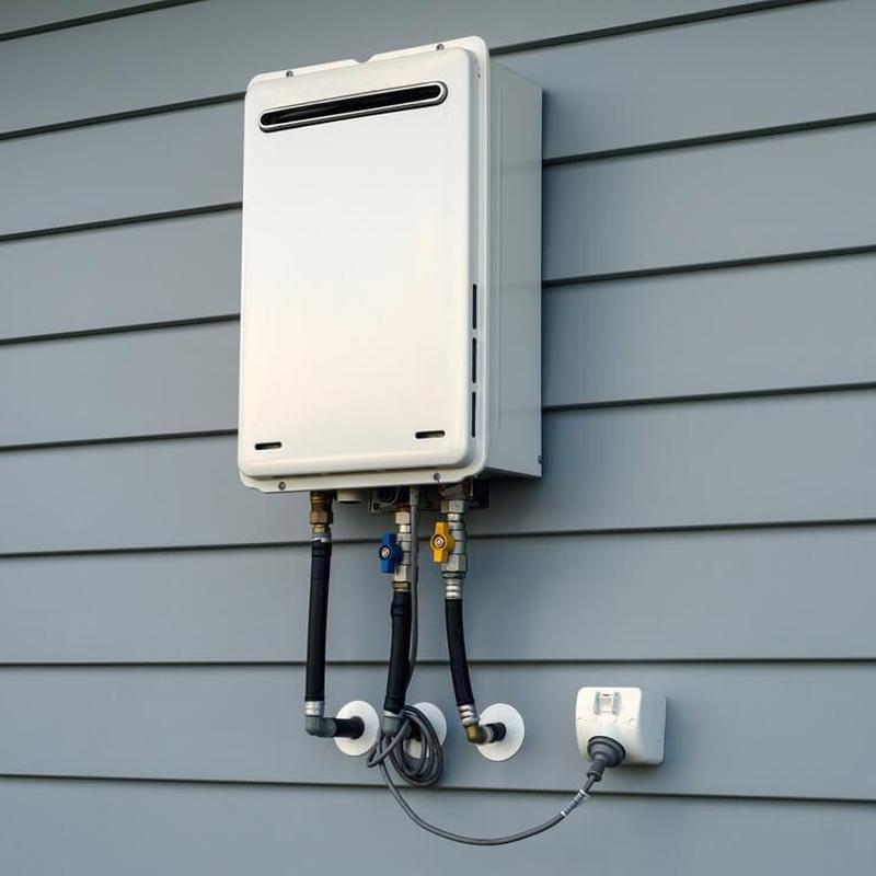Outdoor tankless water heater with connected pipes