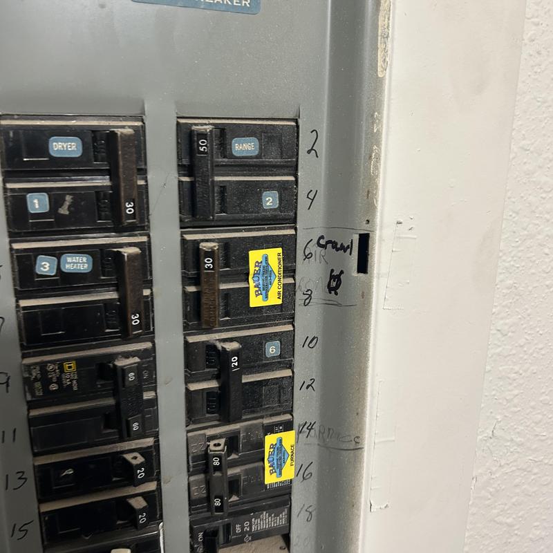 Electrical panel with labeled breaker circuits in crawl space Electrical panel with labeled breaker circuits in crawl space