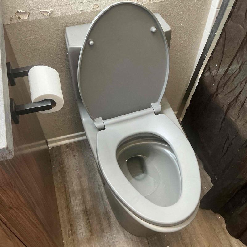 One-piece toilet installation in bathroom corner