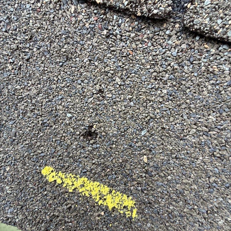 Roof granules with hail damage marked in yellow