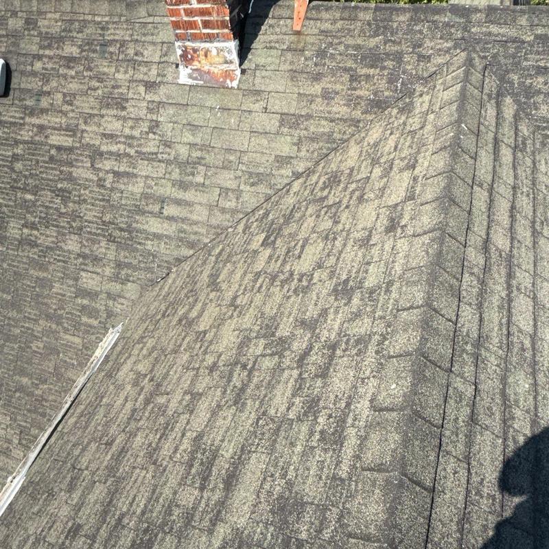 Asphalt shingle roof with chimney and ridge line