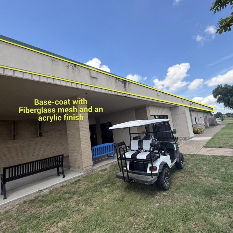 Building facade base coat with fiberglass mesh application
