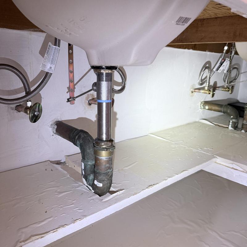 Lavatory drain pipe connection under sink with shutoff valves Lavatory drain pipe connection under sink with shutoff valves
