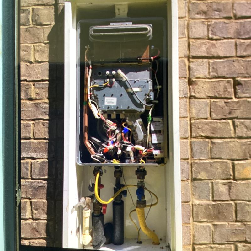 Rinnai burner assembly and fan with service valves